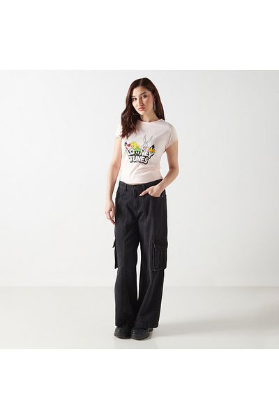 SP Characters Looney Tunes Print Crew Neck T-shirt with Short Sleeves