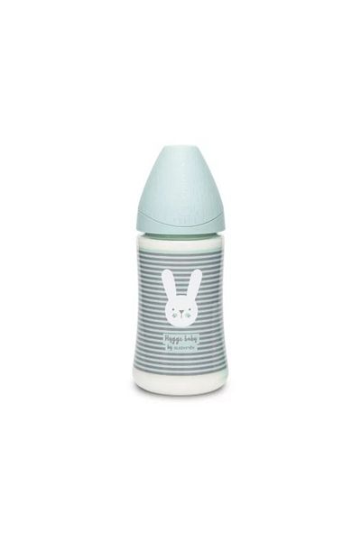 Suavinex Biberon 270 ml cu tetin? rotund? din silicon, 3 fluxuri, iepura? cu linii verzi, Hygge Suavinex