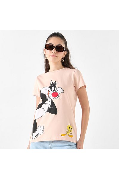SP Characters Sylvester and Tweety Print T-shirt with Crew Neck and Short Sleeves