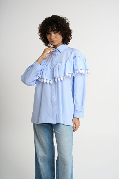 HANIQA Dantel Detaylı Pileli Çizgili Gömlek