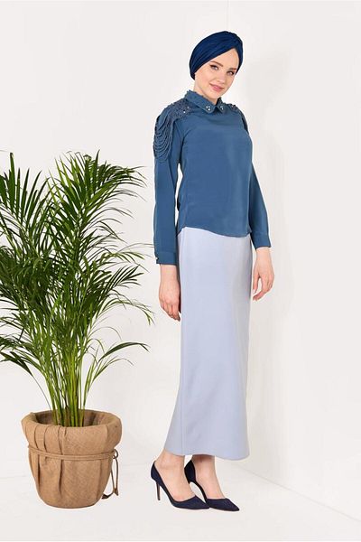TRENDTESETTÜR Γυναικεία μπλούζα Navy Blue (INDIGO) με λεπτομέρεια με χάντρες στον γιακά και στους ώμους 8146