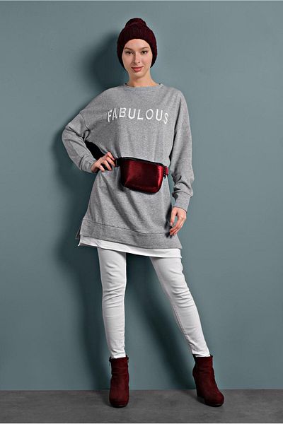 TRENDTESETTÜR Women's Gray Written Tracksuit Tunic 877