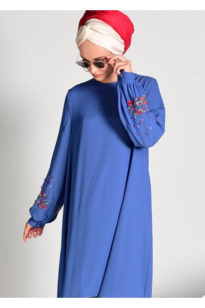 TRENDTESETTÜR Women's Navy Blue (NDIGO) Embroidery Detailed Asymmetric Cut Tunic 09071