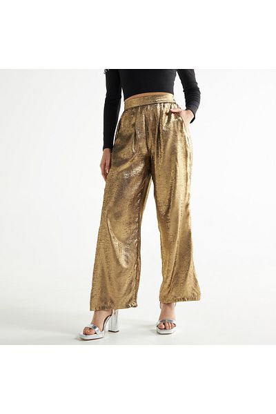 FAV Textured Wide Leg Pants with Semi-Elasticated Waistband and Pockets