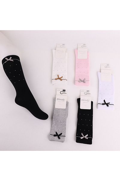 ekinoks socks Girl's White Color Stoned Knee-High Cotton Socks with Bow Accessories (the Price Is for a Piece of Socks.)