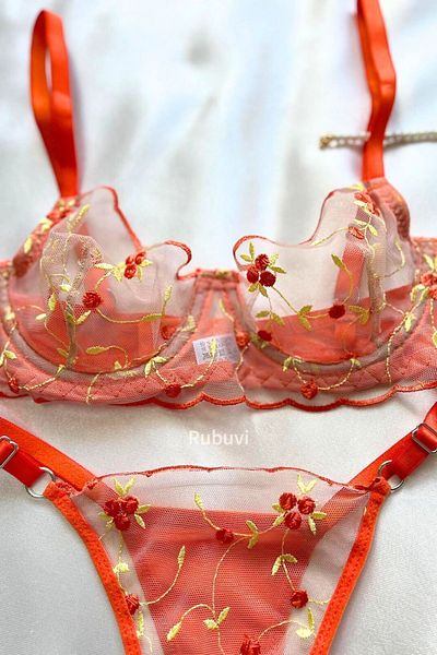 Rubuvi Star Women's Floral Underwire Ruched Tulle Bralet Underwear Panties Bra Set Lingerie Set