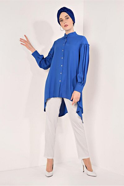 TRENDTESETTÜR Navy Blue Indigo Pleated Asymmetrical Women's Tunic - t 1826