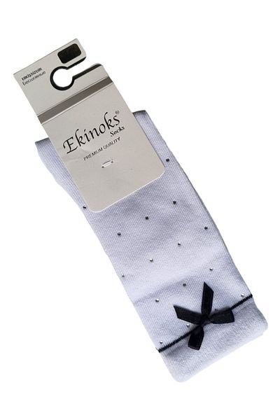 ekinoks socks Girl's White Color Stoned Knee-High Cotton Socks with Bow Accessories (the Price Is for a Piece of Socks.)