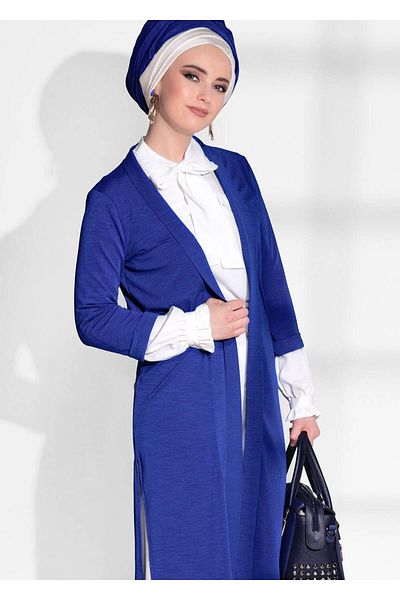 TRENDTESETTÜR Navy Blue Saks Women's Cardigan - Side Slit Detail 124