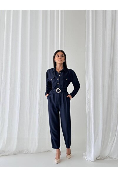 Tasarım Polo Yaka Kemer Detaylı Kadın Tulum - Şık ve Rahat Tasarım