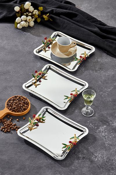 Milenay Elegante Square Series - Duo Bacche Rosso Handle Patterned Chrome Presentation Tray, 22cm, 3 Pieces