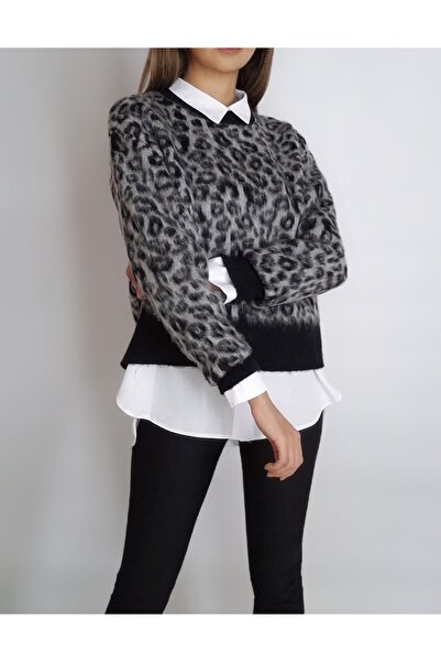 oyagüler Women's Black Grey Leopard Patterned Soft Beard Kit Sweater Yy 101172