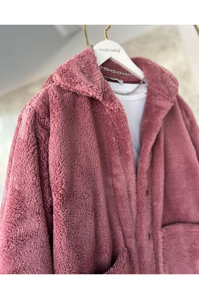 modabetce Overize Women's Buttoned Double Pocket Plush Jacket