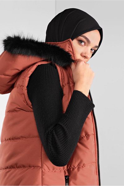 TRENDTESETTÜR سترة نسائية قابلة للنفخ بغطاء للرأس بلون القهوة - 1000