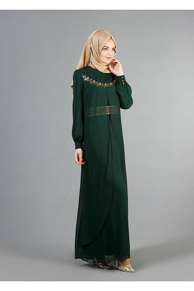 TRENDTESETTÜR Green Guipure Detailed Chiffon Women's Evening Dress - ZEMRUT 52411