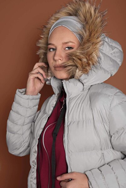 TRENDTESETTÜR Gray Fur Hooded Puffer Women's Coat - Grey 1007