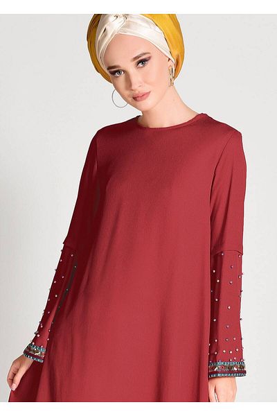 TRENDTESETTÜR Women's Red Bead Embroidered Asymmetric Cut Tunic 02071