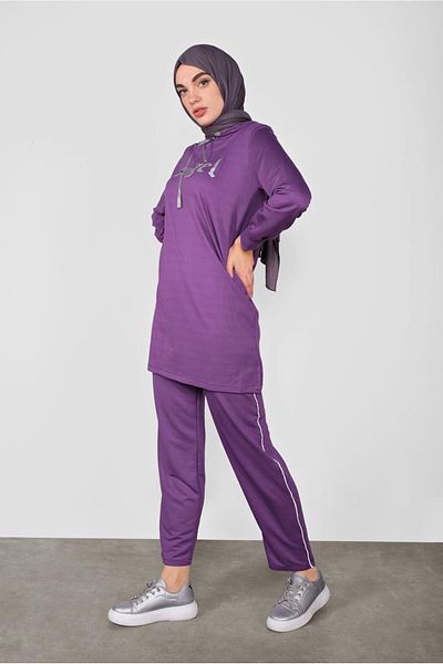 TRENDTESETTÜR Women's Purple Printed Double Pants Set 4436