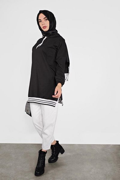 TRENDTESETTÜR Women's Black Hooded Striped Sports Tunic 5055