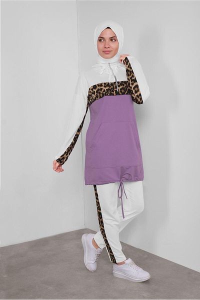 TRENDTESETTÜR Women's Purple (LILA) Leopard Patterned Sweatpants Suit with Double Pants 1255