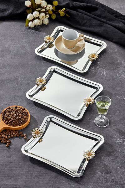 Milenay Duo Bella Flora Square Presentation Tray - Chrome, Handle Pattern, 22X16Cm, 3 Pieces