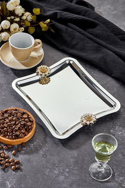 Milenay Elegante Square Series, Duo Bella Flora Handle Patterned Chrome Presentation Promise Engagement Tray, 22X16Cm, Single Piece