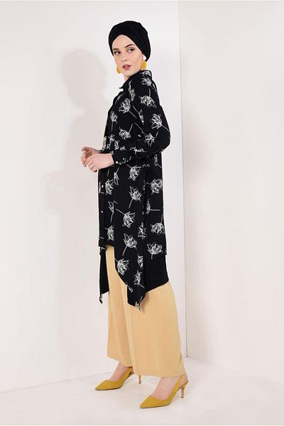 TRENDTESETTÜR Black Floral Asymmetrical Women's Tunic - t 8126
