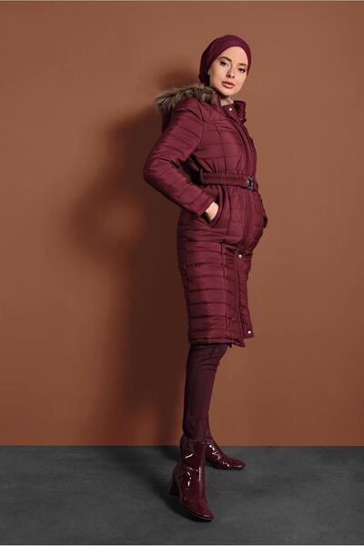 TRENDTESETTÜR Burgundy Hooded Women's Puffer Coat - 3006
