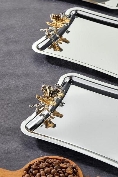 Milenay Elegante Square Series, Duo Volo Prezioso Handle Patterned Chrome Presentation Promise Engagement Tray, 22cm, 3 Pieces