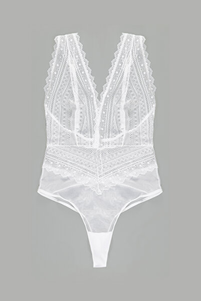 Simi Underwear Leila Beyaz Kadın  Çıtçıtlı Dantelli Transparan Bodysuit