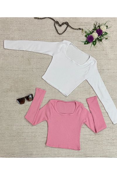 Lorya Giyim Pack of 2 100% Cotton Ribbed Camisole Square Collar Long Sleeve Crop Blouse
