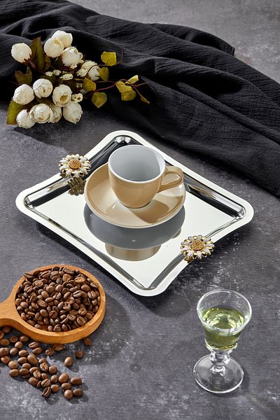Milenay Elegante Square Series, Duo Bella Flora Handle Patterned Chrome Presentation Promise Engagement Tray, 22X16Cm, Single Piece