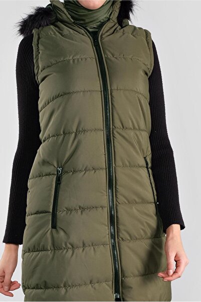 TRENDTESETTÜR Khaki Sheepskin Hooded Women's Puffer Vest - 1000