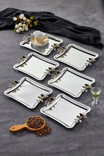 Milenay Duo Luna Nera Handle Patterned Elegante Square Series - Chrome Presentation, Promise Engagement Tray, 22cm, 6 Pieces