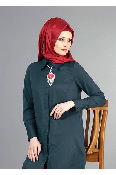 TRENDTESETTÜR Women's Green (NEFT GREEN) T 1040 Allday Hidden Button Men's Collar Tunic
