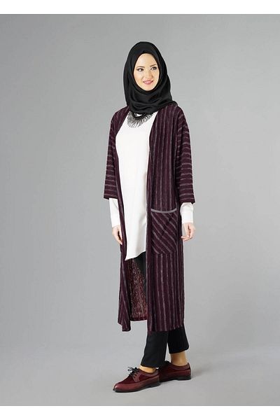 TRENDTESETTÜR Women's Claret Red Samsara Striped Casual Cardigan T 791