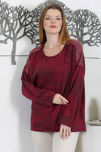 NUR TEKSTİL kadın  bordo Yuvarlak Yaka Uzun Kol Pul Payetli Baskılı 2 İplik Ş...