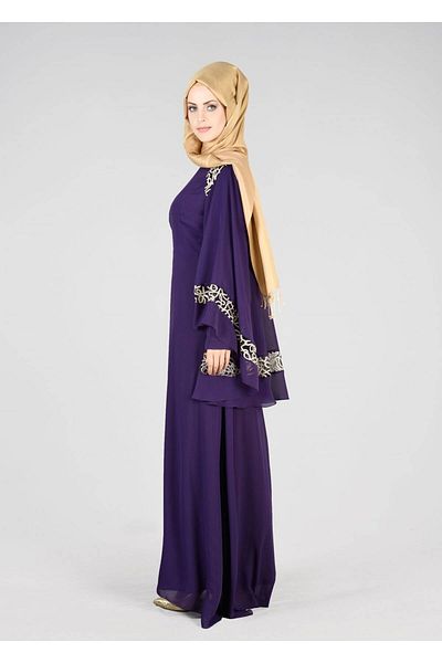 TRENDTESETTÜR Women's Purple T 69525 Fy Collection-Cape Detailed Evening Dress