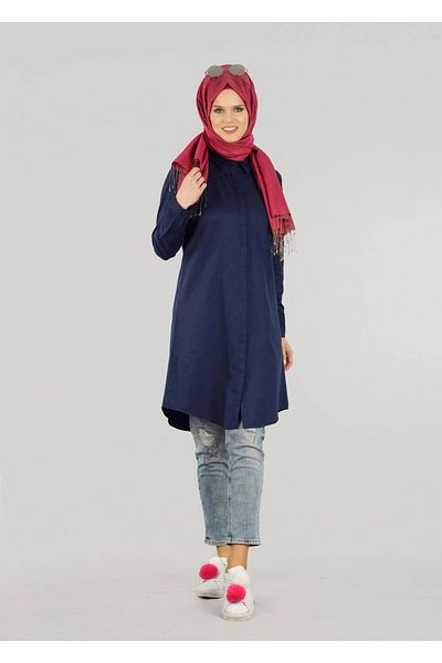 TRENDTESETTÜR Women's Navy Blue Hidden Button Classic Tunic T 50427- Allday