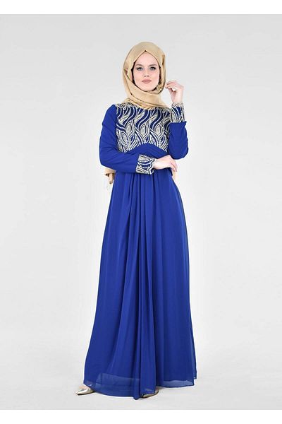 TRENDTESETTÜR Women's Navy Blue (SAKS) T 66525 Fy Collection-Embroidery Detailed Hijab Evening Dress