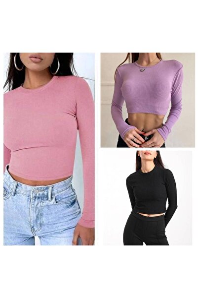 Lorya Giyim Pachet de 3 bluze crop cu mânecă lungă, 100% bumbac, cu croială t...