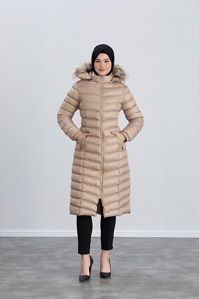 Space Fashion Palton lung puf de damă bej