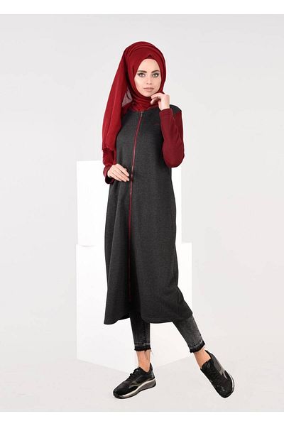 TRENDTESETTÜR Women's Gray Zippered Tracksuit Tunic - Antresit 6609