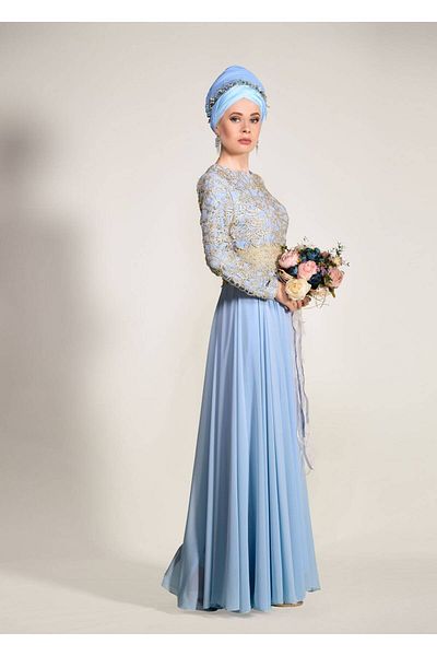 TRENDTESETTÜR Γυναικείο βραδινό φόρεμα Blue Laced - BLUE-GOLD 2581