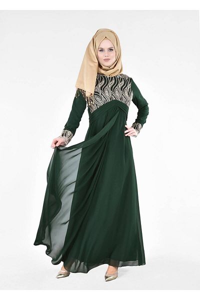 TRENDTESETTÜR Women's Green (ZEMRUT) T 66525 Fy Collection-Embroidery Detailed Hijab Evening Dress