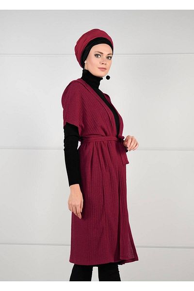 TRENDTESETTÜR Women's Burgundy Bat Sleeve Corded Cardigan 71251