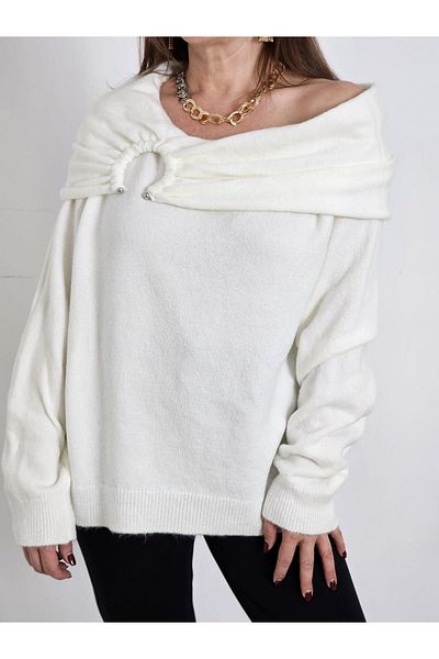 Felix Butik Feli̇x12814 Metal Buckle Madonna Collar Cream Knitwear Blouse