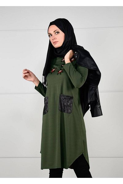 TRENDTESETTÜR Women's Khaki Leather Pocket Floral Embroidered Tunic - 4151