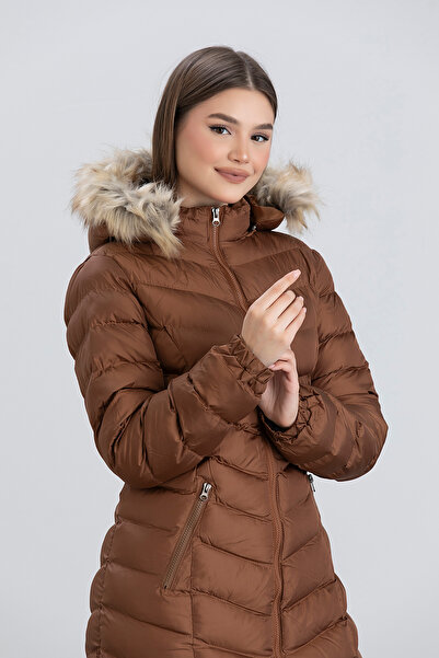 Space Fashion Μακρύ γυναικείο πουπουλένιο παλτό Tan Hooded - Γούνινο