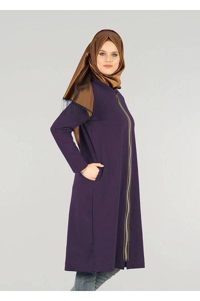 TRENDTESETTÜR Women's Purple T 1709 Allday-Zipper Detailed Hijab Tunik